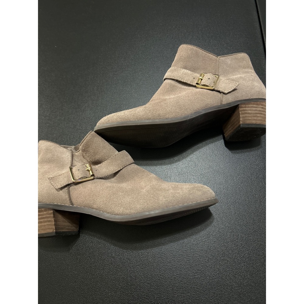 Suede Ankle Boots with Buckle Detail &‎ Block Heel in Taupe Neutral Color